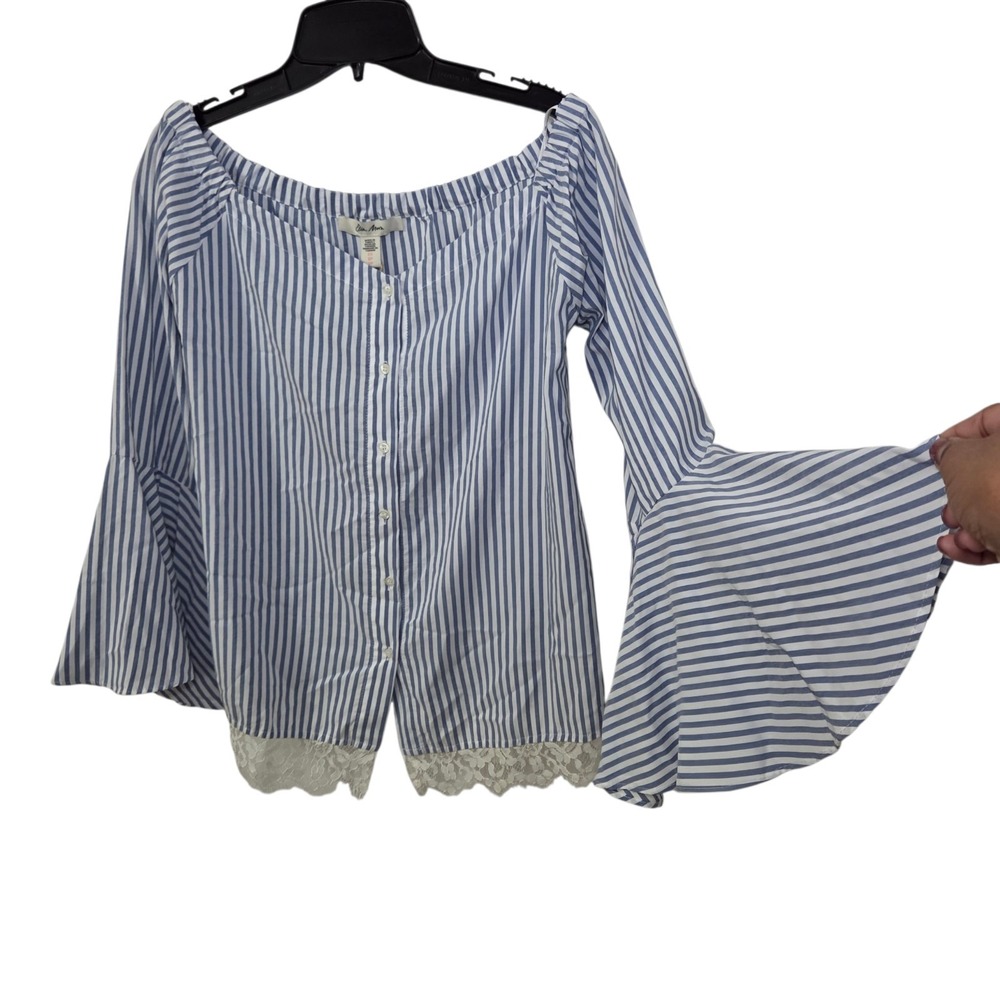 Ella Moon Women's Blue White Stripe Off Shoulder Peasant Blouse Bell‎ Sleeve XS
